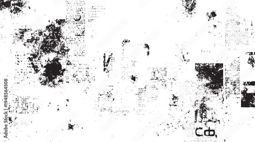 Fototapeta premium Black ink splatters and text fragments on white background abstract grunge texture