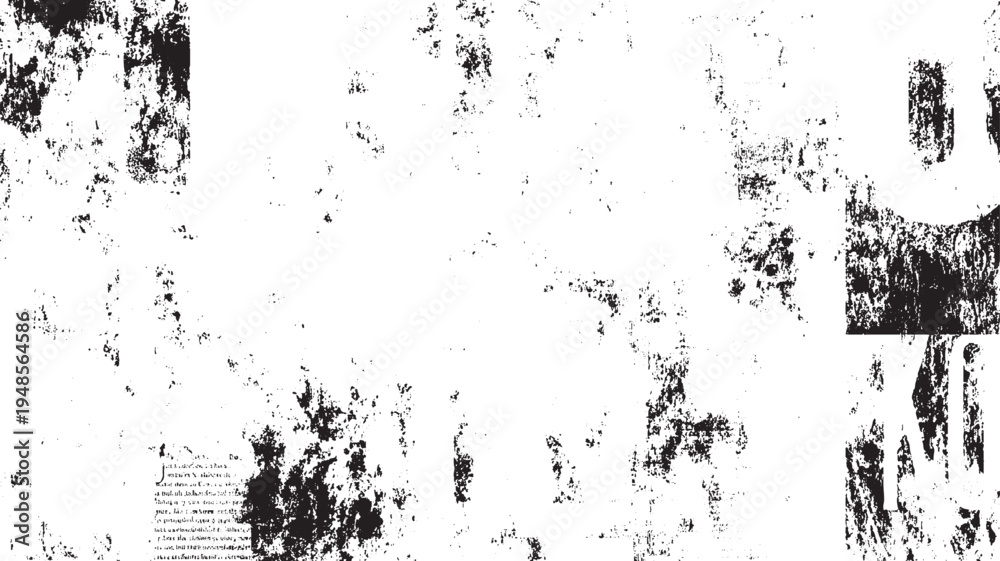 Obraz premium Black ink splatters and grunge textures on white background with faint text fragments abstract
