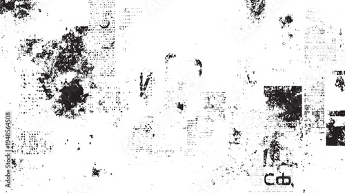 Black ink splatters and text fragments on white background abstract grunge texture