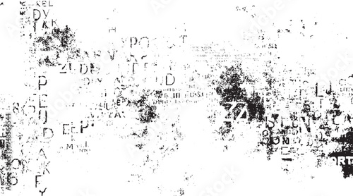 Distressed black and white textured background with fragmented text and ink splatters grunge
