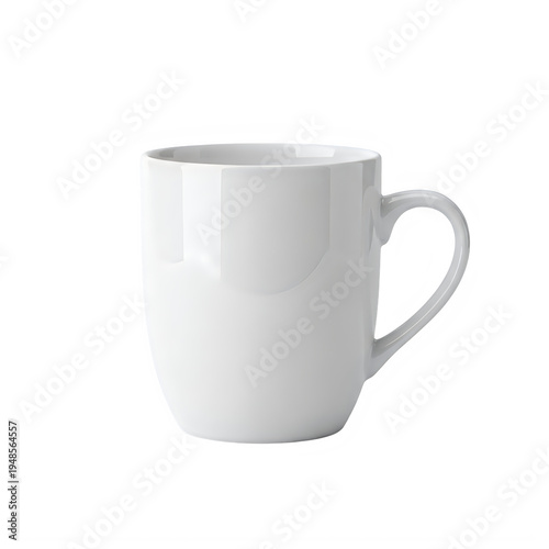 a white ceramic mug with a handle on the right side, a simple and plain design with a smooth and glossy finish, sitting on a flat surface