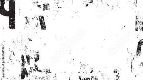 Black and white distressed grunge texture with abstract fragmented text