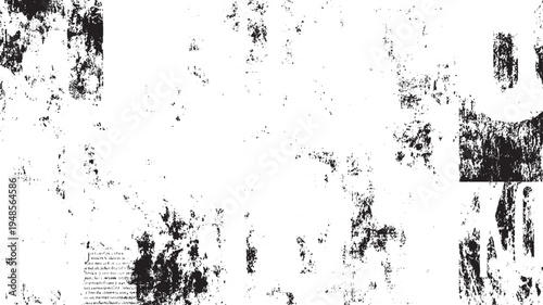 Black ink splatters and grunge textures on white background with faint text fragments abstract