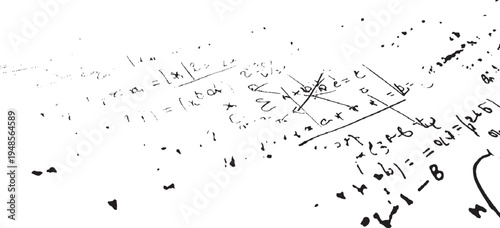 Handwritten mathematical equations and symbols scattered on a white background with black ink marks mathematics