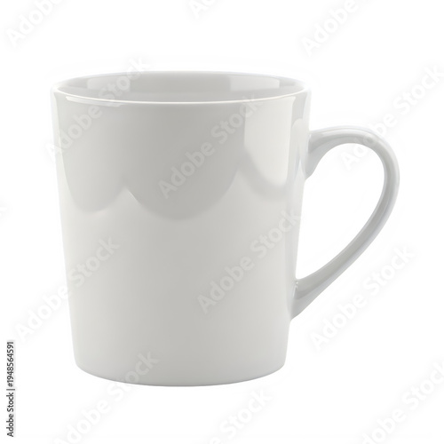 a white ceramic mug with a handle on the right side, the mug has a smooth and glossy finish, and a simple design with a slightly curved shape