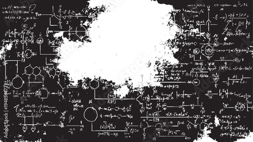 White chemical formulas and equations on a distressed black background with abstract white splatters