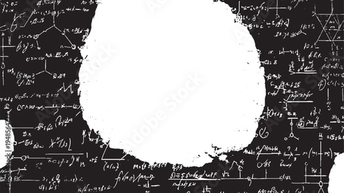 Black background with white handwritten scientific formulas diagrams and molecular structures