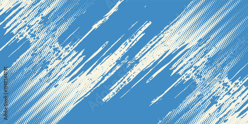 Grunge grainy blue brush stroke with spray texture. Hand drawn distress damaged vintage banner with zigzag bold line. Rough thick brush stroke texture. Spray paint effect vector background.