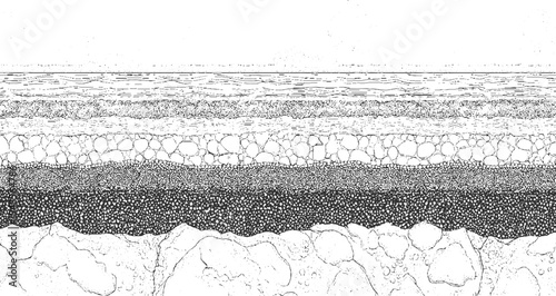 Cross section of layered earth showing soil rock and water strata in black and white line