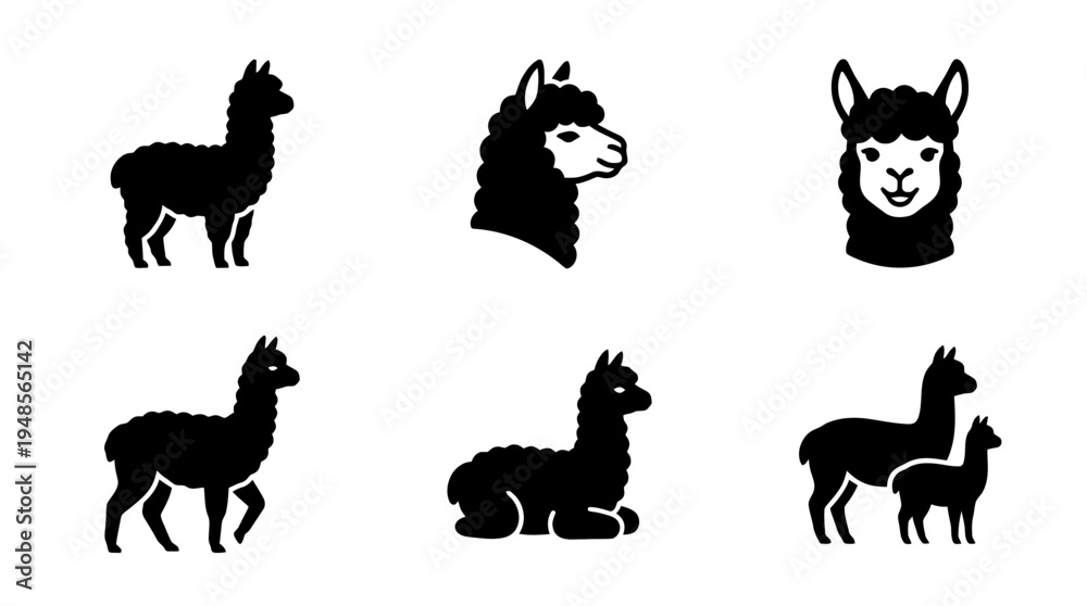 Fototapeta premium collection of alpaca, 6 filled black minimal icon vector set , white background , PNG and SVG isolate