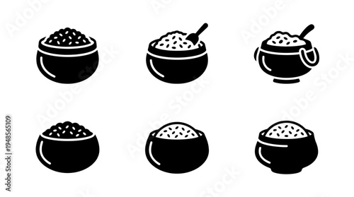 collection of alms bowl, 6 filled black minimal icon vector set , white background , PNG and SVG isolate