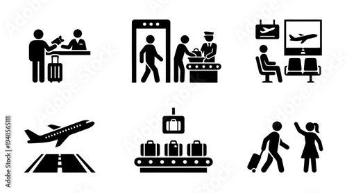 collection of airport terminal, 6 filled black minimal icon vector set , white background , PNG and SVG isolate