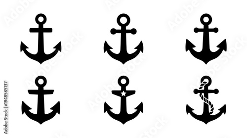 collection of anchor, 6 filled black minimal icon vector set , white background , PNG and SVG isolate