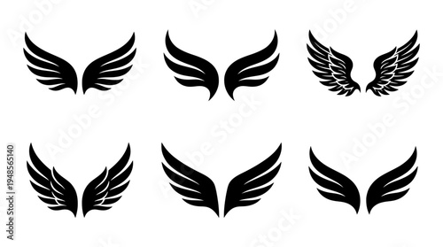 collection of angel wings, 6 filled black minimal icon vector set , white background , PNG and SVG isolate