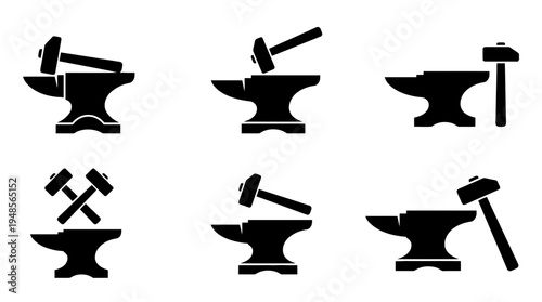 collection of anvil and hammer, 6 filled black minimal icon vector set , white background , PNG and SVG isolate