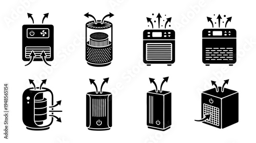collection of air purifier, 6 filled black minimal icon vector set , white background , PNG and SVG isolate