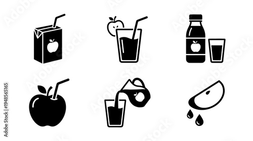 collection of apple juice, 6 filled black minimal icon vector set , white background , PNG and SVG isolate