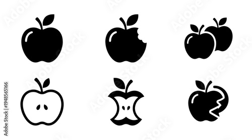 collection of apple, 6 filled black minimal icon vector set , white background , PNG and SVG isolate