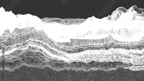 Abstract monochrome landscape with layered geological strata and mountain peaks