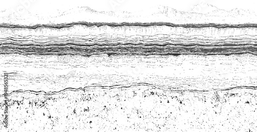 Black and white abstract representation of layered geological strata or seismic data with textured foreground