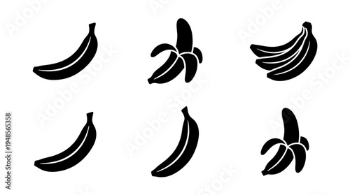 collection of banana, 6 filled black minimal icon vector set , white background , PNG and SVG isolate