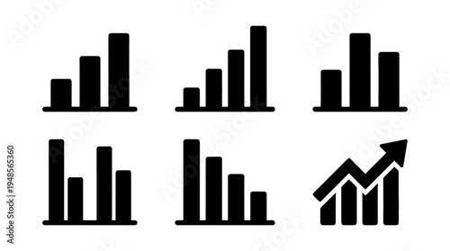 collection of bar chart, 6 filled black minimal icon vector set , white background , PNG and SVG isolate