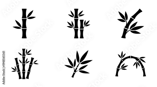 collection of bamboo, 6 filled black minimal icon vector set , white background , PNG and SVG isolate