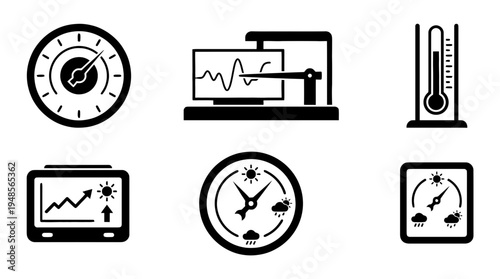 collection of barometer, 6 filled black minimal icon vector set , white background , PNG and SVG isolate