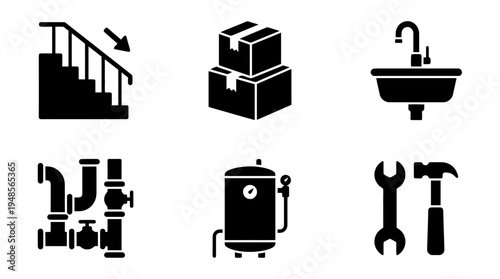 collection of basement, 6 filled black minimal icon vector set , white background , PNG and SVG isolate