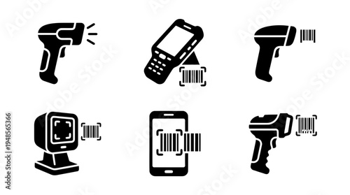 collection of barcode scanner, 6 filled black minimal icon vector set , white background , PNG and SVG isolate