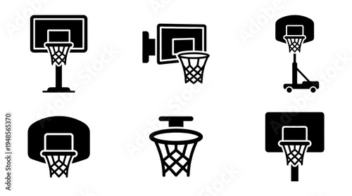 collection of basketball hoop, 6 filled black minimal icon vector set , white background , PNG and SVG isolate