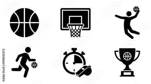 collection of basketball, 6 filled black minimal icon vector set , white background , PNG and SVG isolate