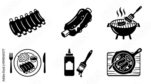collection of bbq ribs, 6 filled black minimal icon vector set , white background , PNG and SVG isolate