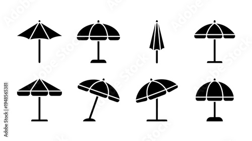 collection of beach umbrella, 6 filled black minimal icon vector set , white background , PNG and SVG isolate