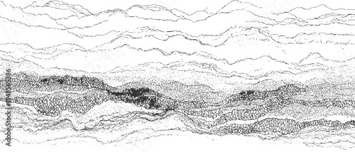 Abstract monochrome textured horizontal landscape with organic wavy lines and cellular patterns