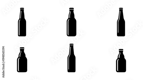collection of beer bottle, 6 filled black minimal icon vector set , white background , PNG and SVG isolate