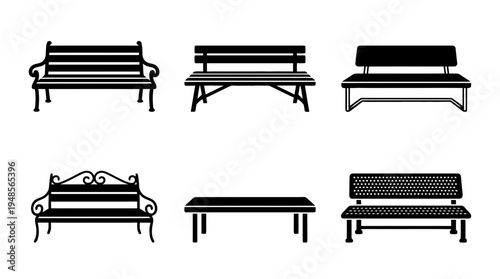 collection of bench, 6 filled black minimal icon vector set , white background , PNG and SVG isolate