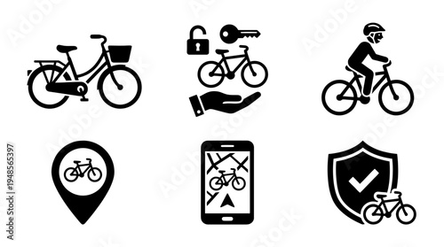 collection of bicycle rental, 6 filled black minimal icon vector set , white background , PNG and SVG isolate