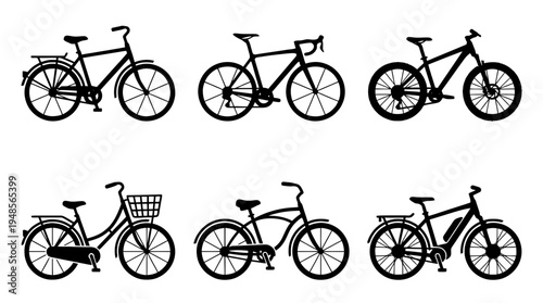 collection of bicycle, 6 filled black minimal icon vector set , white background , PNG and SVG isolate
