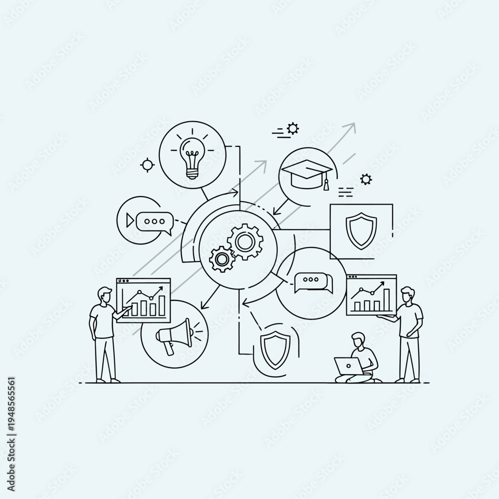 Obraz premium Business process optimization with data analysis, idea generation, and security measures, illustrating teamwork and strategic planning.