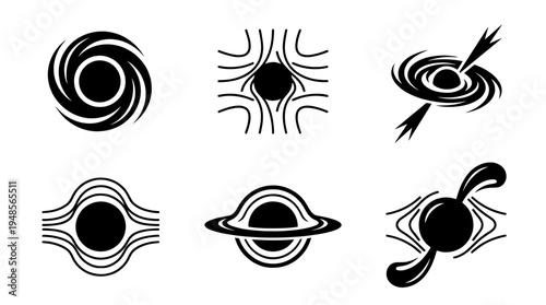 collection of black hole, 6 filled black minimal icon vector set , white background , PNG and SVG isolate