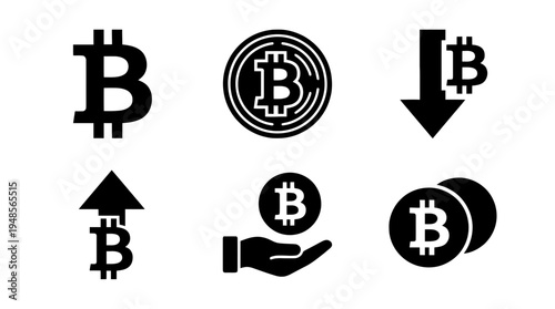collection of bitcoin cryptocurrency, 6 filled black minimal icon vector set , white background , PNG and SVG isolate