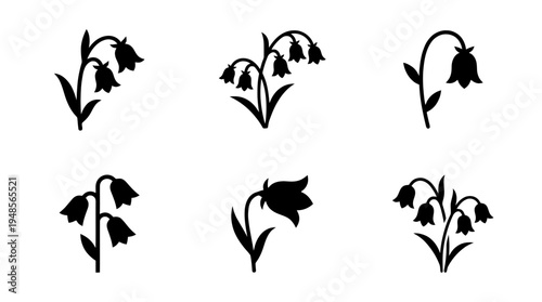 collection of bluebell, 6 filled black minimal icon vector set , white background , PNG and SVG isolate
