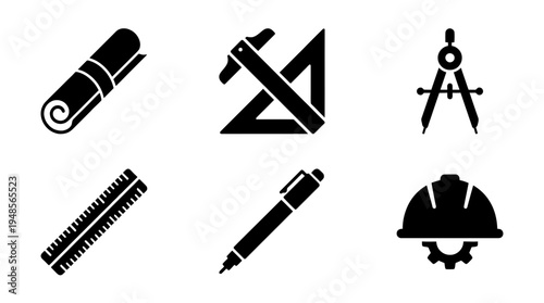 collection of blueprint roll, 6 filled black minimal icon vector set , white background , PNG and SVG isolate