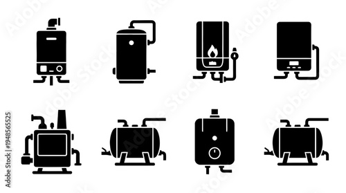collection of boiler, 6 filled black minimal icon vector set , white background , PNG and SVG isolate