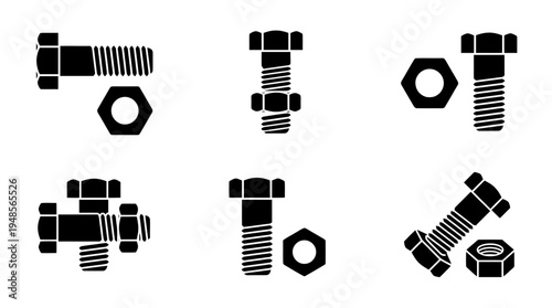 collection of bolt and nut, 6 filled black minimal icon vector set , white background , PNG and SVG isolate