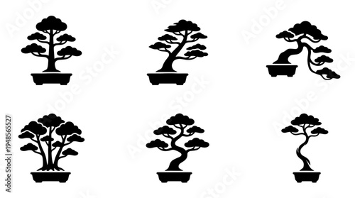 collection of bonsai, 6 filled black minimal icon vector set , white background , PNG and SVG isolate