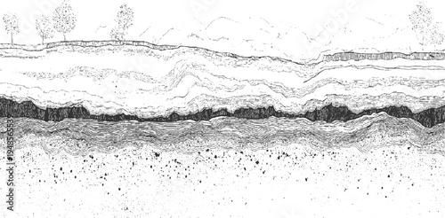 Stylized cross section of earth layers with trees and distant hills in black and white line geology