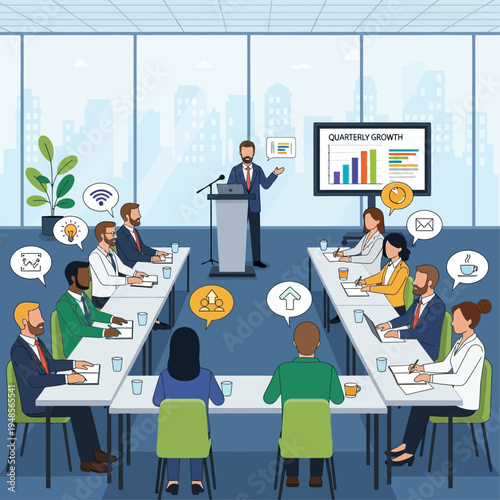 A diverse group of professionals in a modern conference room, actively participating in a business meeting with a presenter at the front.