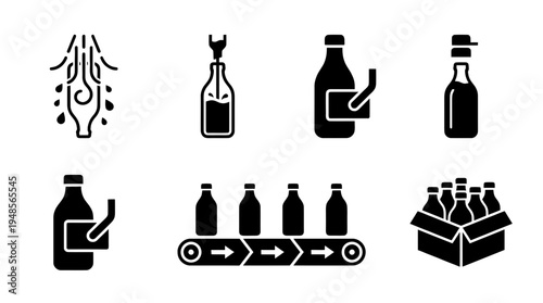 collection of bottling line, 6 filled black minimal icon vector set , white background , PNG and SVG isolate